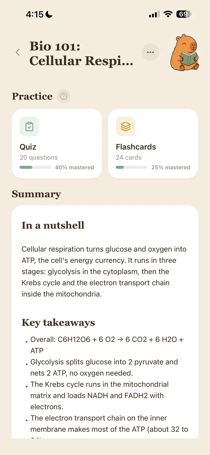 A StudyCapy note with a quiz, flashcards and a smart-note summary made from the same upload